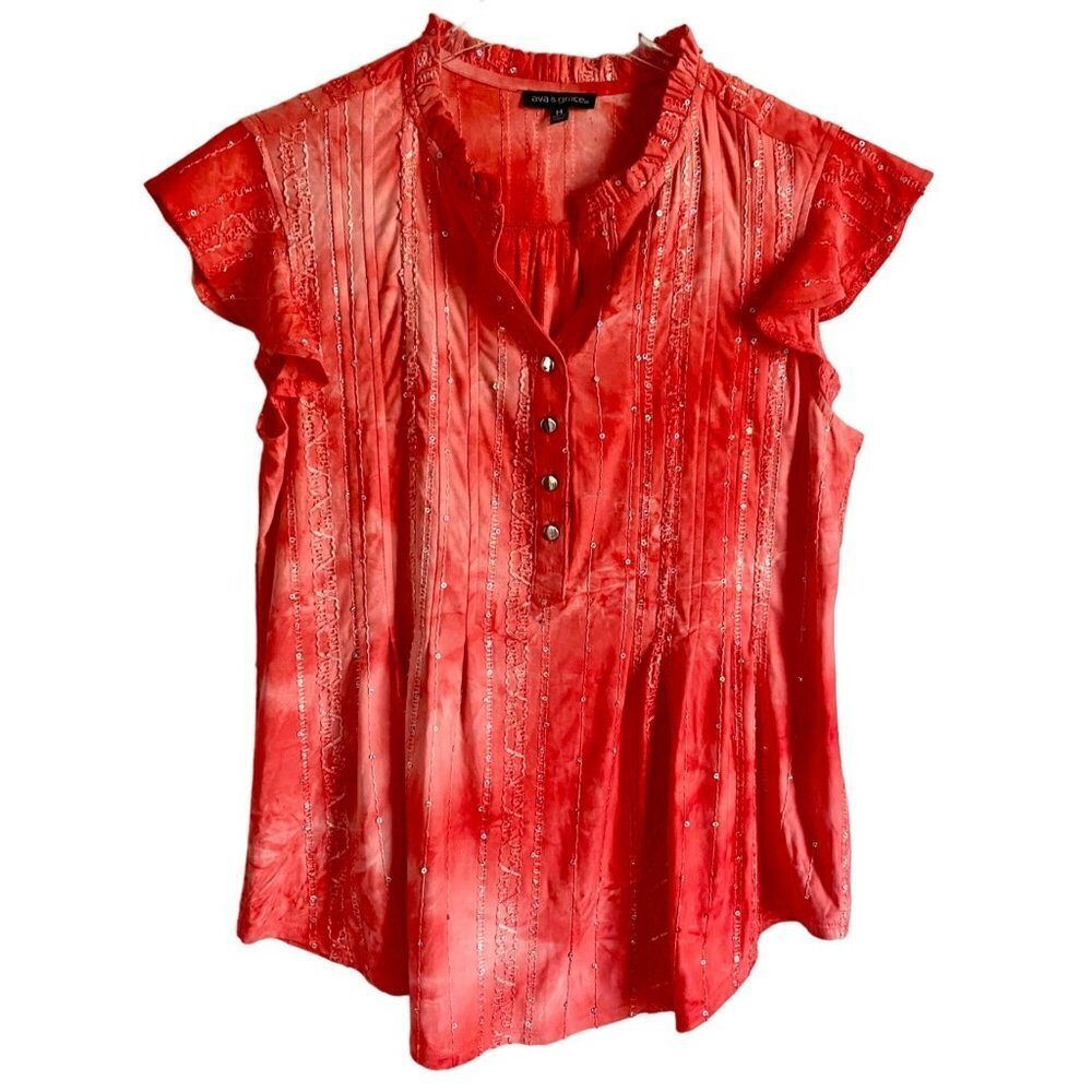 Ava & Grace Short Sleeve Embellished Accents Top Quarter Button Medium NEW